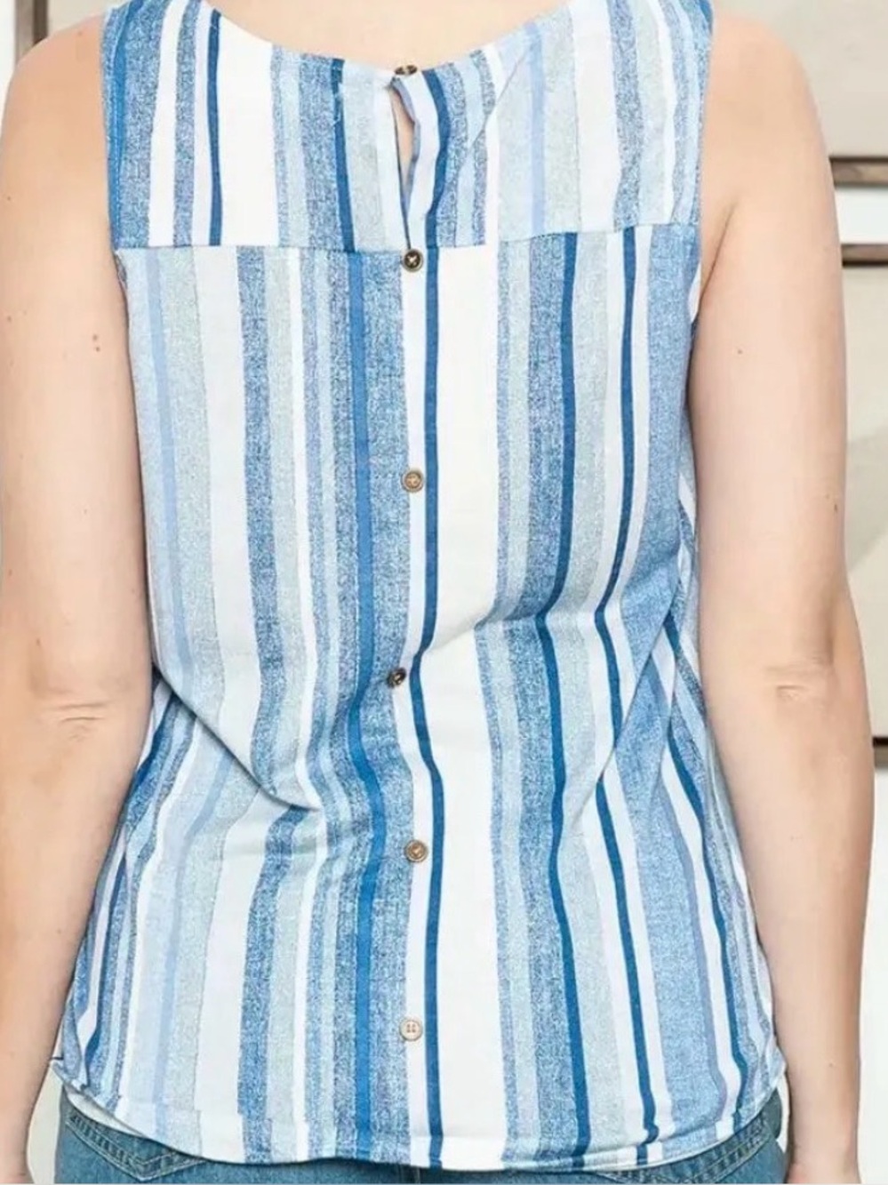 Women's Blue and White Vertical Stripe Sleeveless Split-Neck Sleeveless Top - Picture 3 of 4